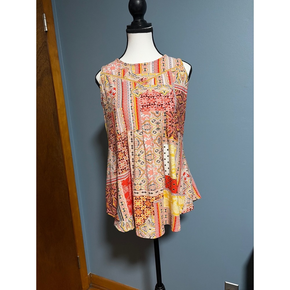 New Directions Womens Small Sleeveless Tunic Top Patchwork Paisley Orange Red S